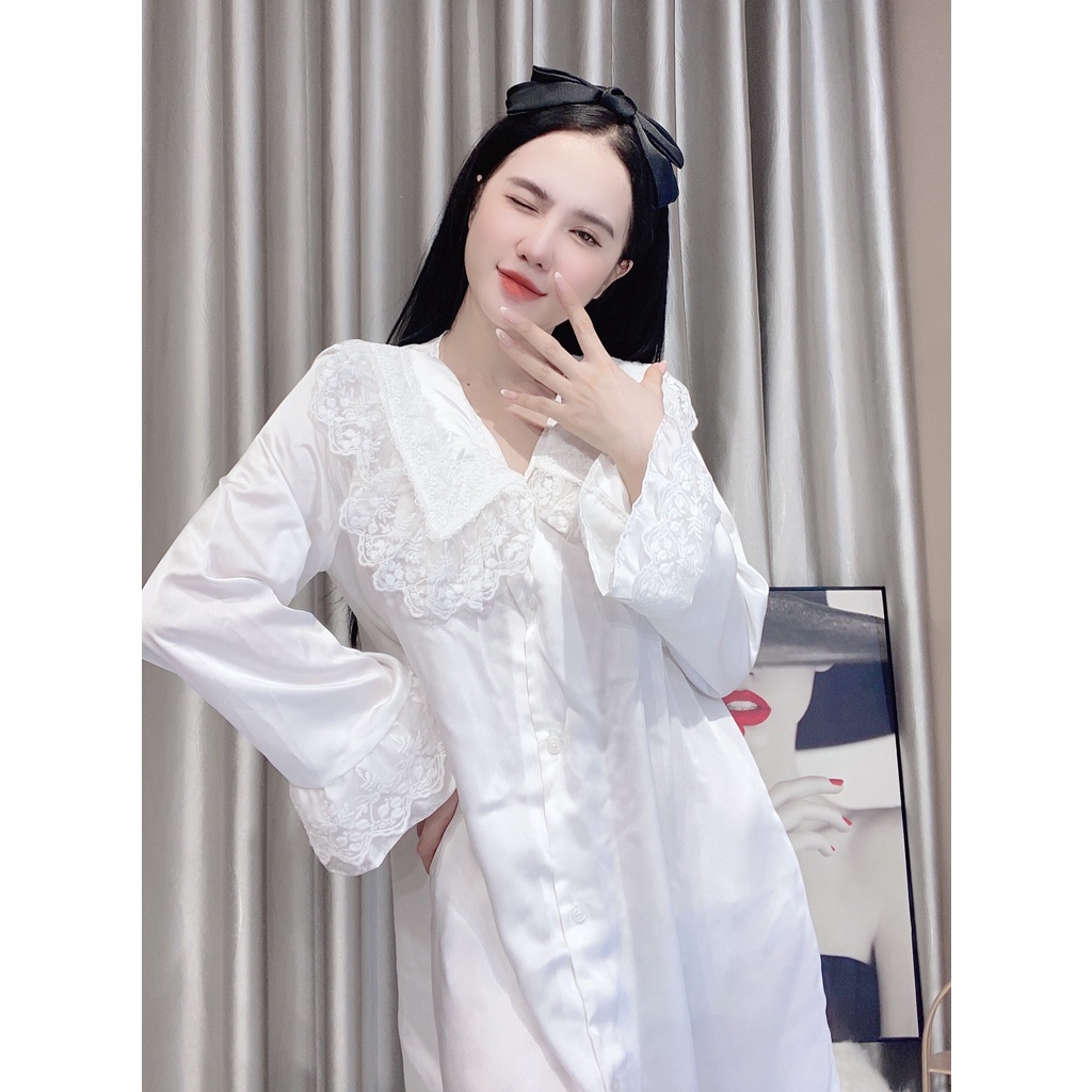 Váy ngủ lụa dễ thương mặc nhà dài tay Nguyễn Tình Store đầm ngủ tiểu thư cổ bèo phối ren mềm mại xinh xắn Freesize | BigBuy360 - bigbuy360.vn