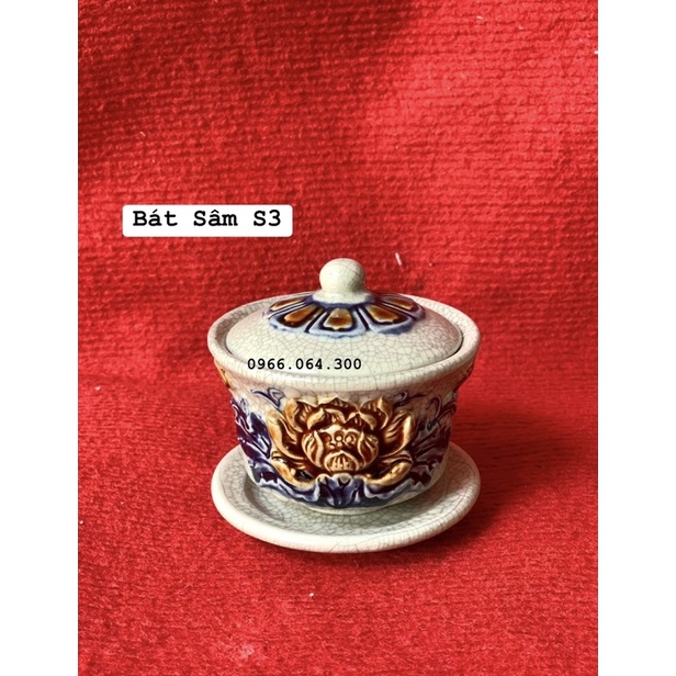 Bát Sâm Men Rạn Bát Tràng, Chén Nước Có Nắp Thờ Cúng Đắp Nổi Men Rạn