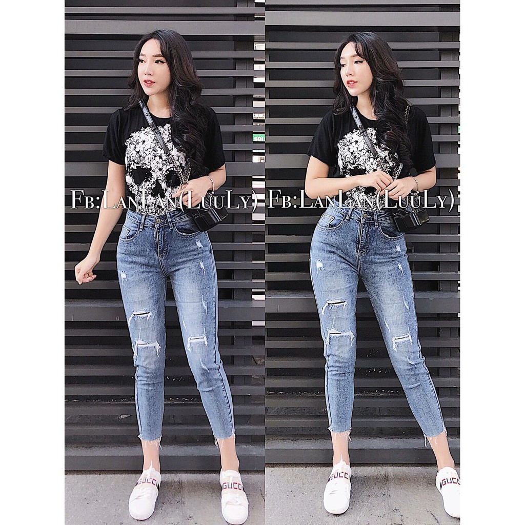 Quần jean nữ BIG SIZE dài 9 tấc rách vá đắp dành cho người béo 2436