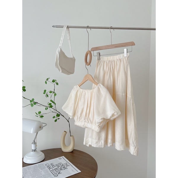 Set áo croptop đũi tay bồng 2 lớp bo chun kèm chân váy dài S352 SUSTORE