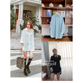[Ảnh thật/Sẵn]Áo sơmi lụa tăm xẻ vạt cổ đức form oversize