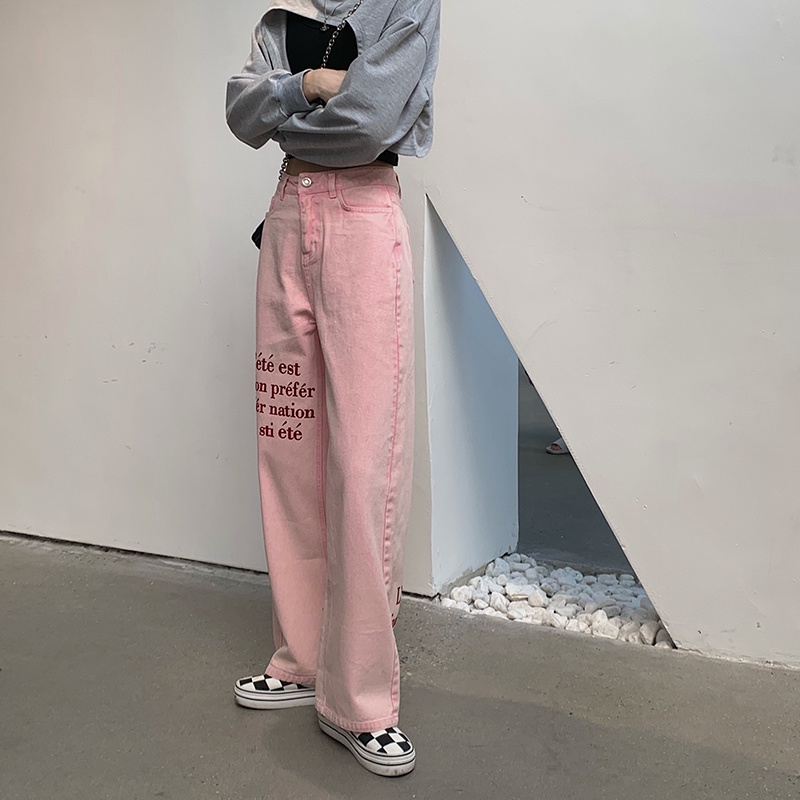 Quần jean màu hồng trendy thêu chữ phong cách, quần bigsize S-XL order Quảng Châu Joyx Order