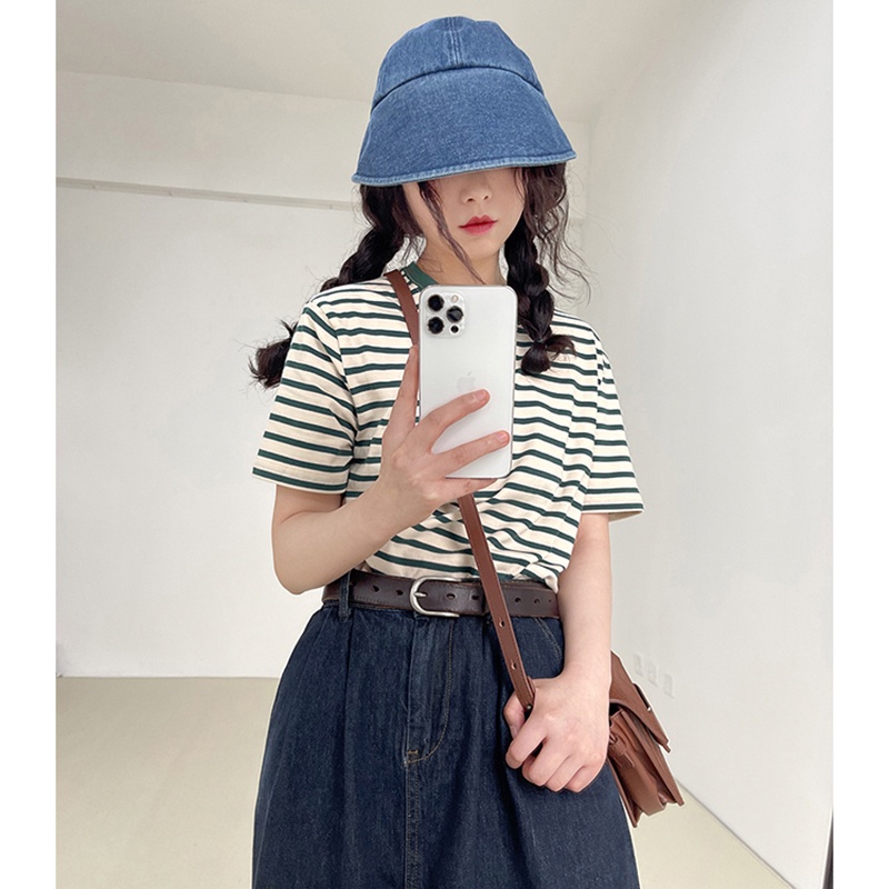 SUXI Áo thun tay ngắn cổ tròn họa tiết kẻ sọc phong cách Hàn Quốc mới thời trang mùa hè dành cho nữ