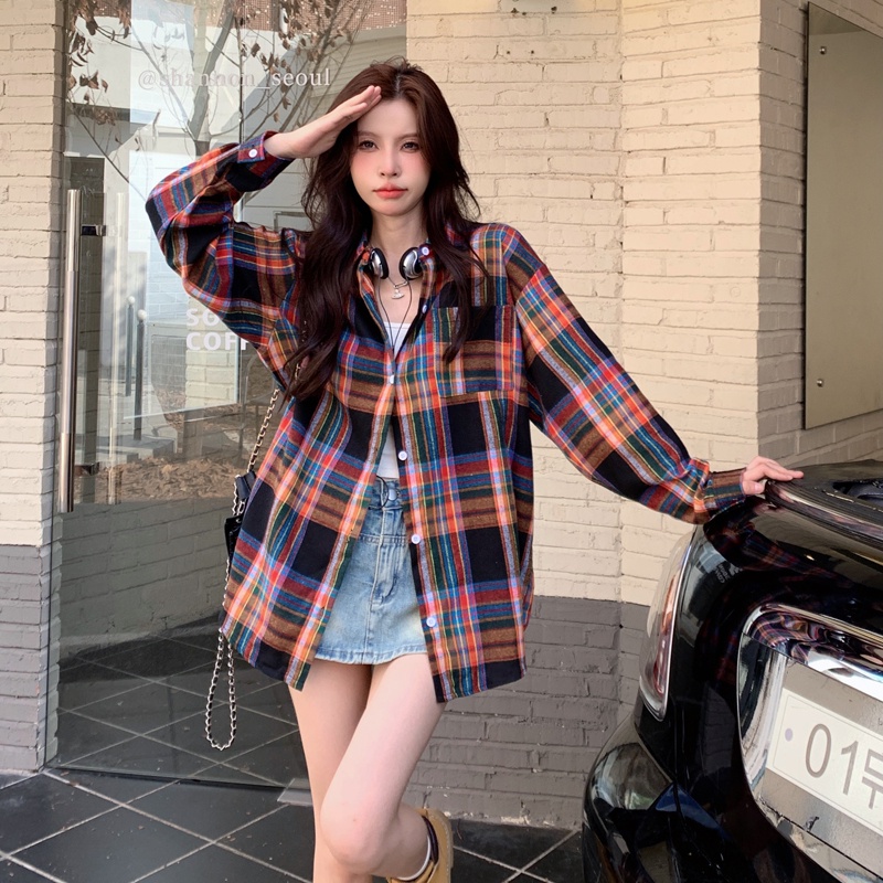 SUXI Áo Khoác Sơ Mi Caro Tay Dài Dáng Rộng Màu Sắc Tương Phản Phong Cách Retro Dành Cho Nữ