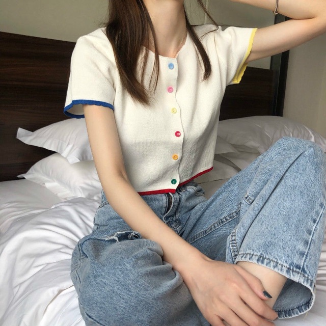 [Mã WASTUP giảm 10% tối đa 30K đơn 99K] Áo thun giấy croptop Ulzzang cúc nhiều màu phối viền | BigBuy360 - bigbuy360.vn