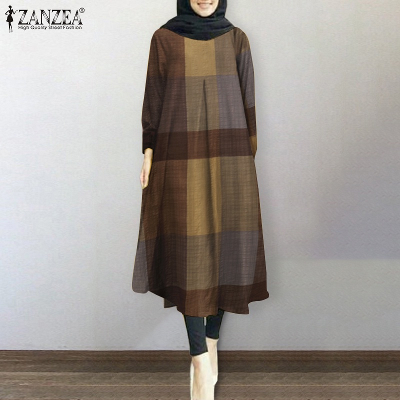 Áo đầm dài ZANZEA dành cho nữ thiết kế tay dài cổ chữ O in họa tiết kẻ ô phong cách Hồi giáo đơn giản