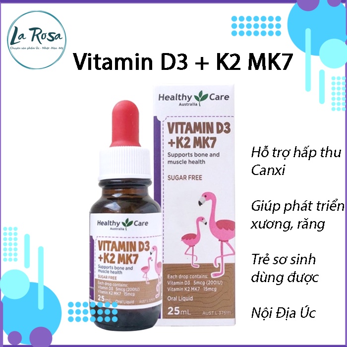 Vitamin D3 + K2 MK7 Healthy Care, Úc, Lọ 25ml (D3K2 HealthyCare)