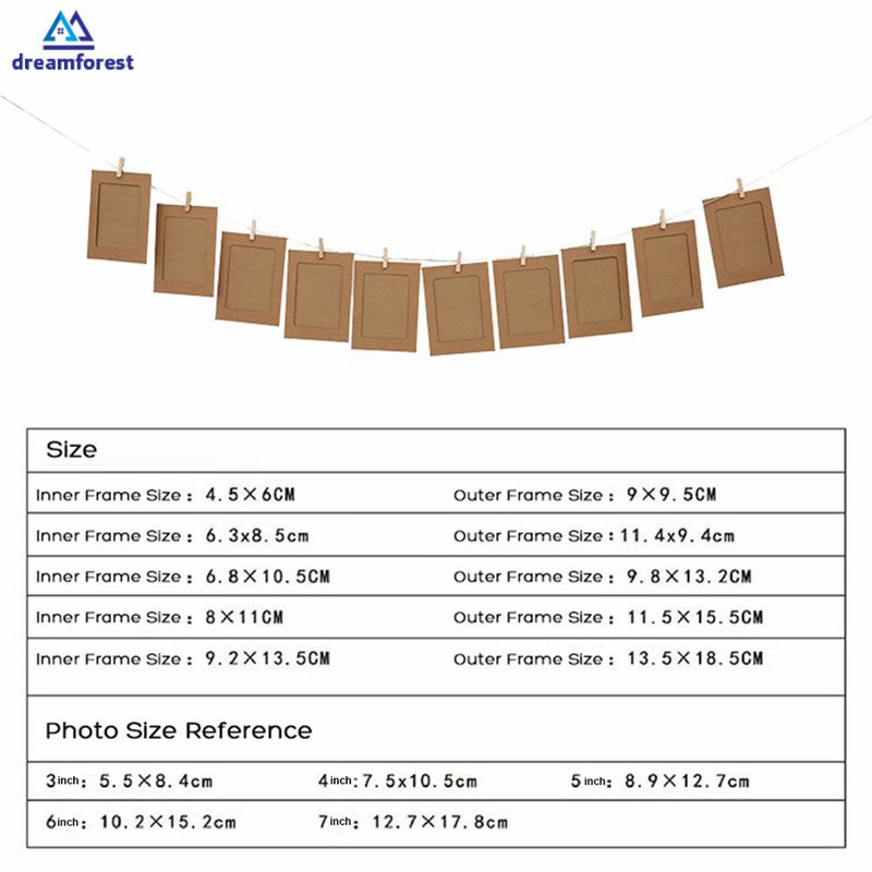 Bộ 10 khung ảnh bằng giấy kích thước 3-7inch kèm dây treo và kẹp tiện dụng DIY