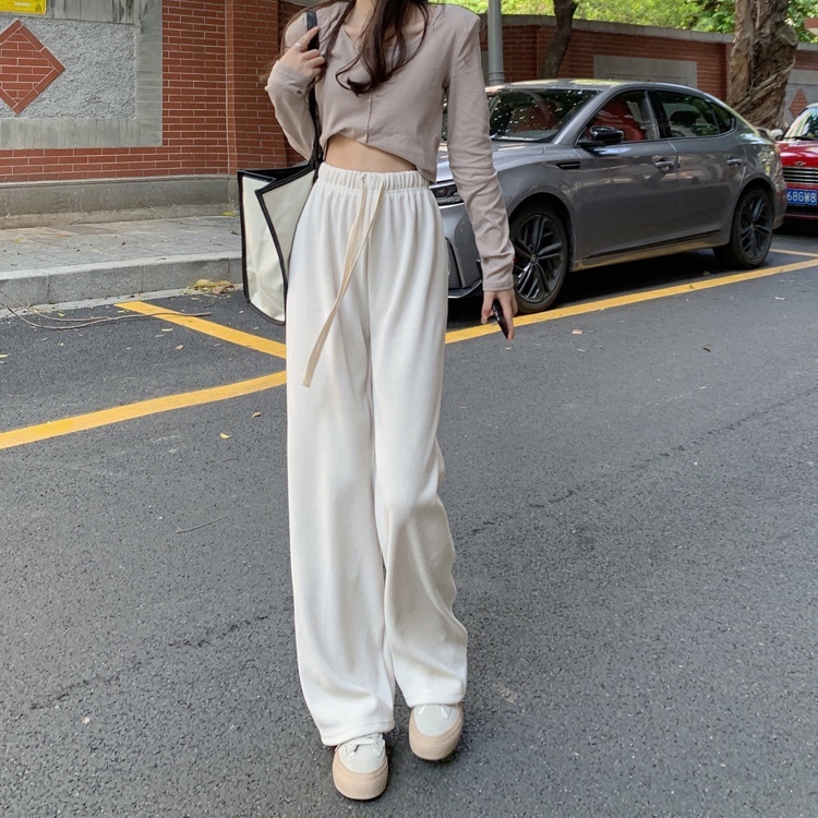 QADCOL Quần dài QADCOL lưng cao ống rộng màu trơn phối dây rút thời trang cá tính cho nữ