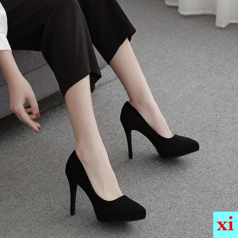 Giày Cao Gót Mũi Tròn Bằng Da Lộn Màu Đen Cao 8cm Chống Thấm Nước Thời Trang Mùa Xuân 2021 Cho Nữ