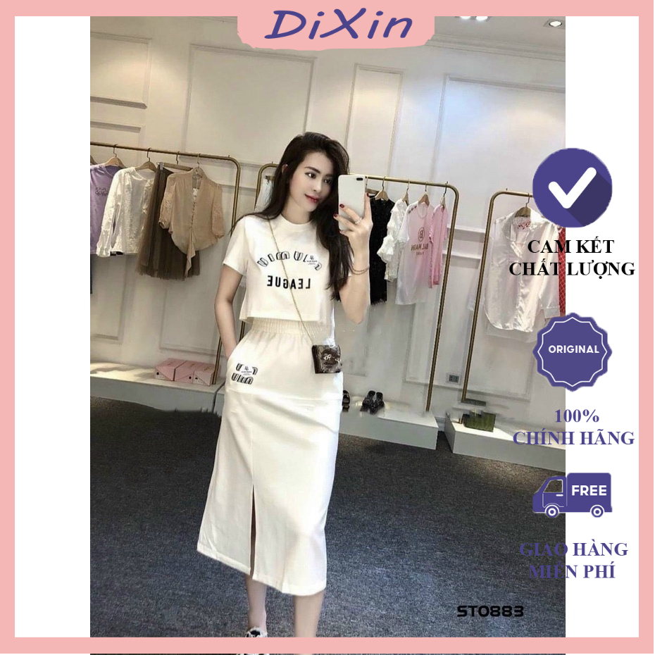 Set thun gân áo crotop tay ngắn in chữ Miu Miu League mix chân váy dài xẻ tà có túi