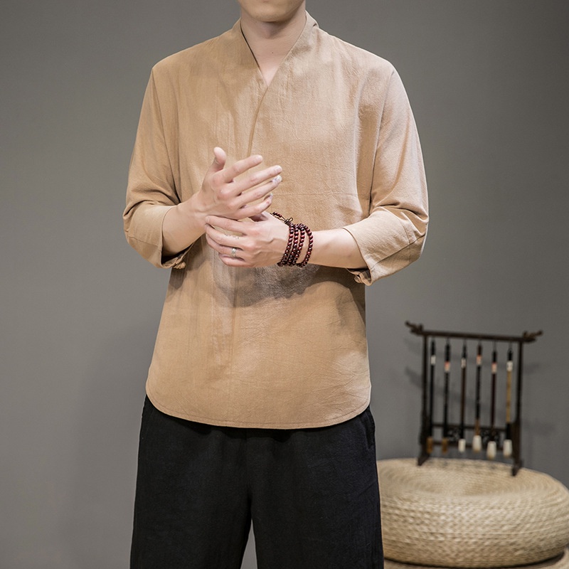 Áo Sơ Mi Vải Lanh Cotton Mỏng Cổ V Màu Xanh / Trắng / Đen Kiểu Kimono Trung Hoa Thời Trang Mùa Hè Cho Nam