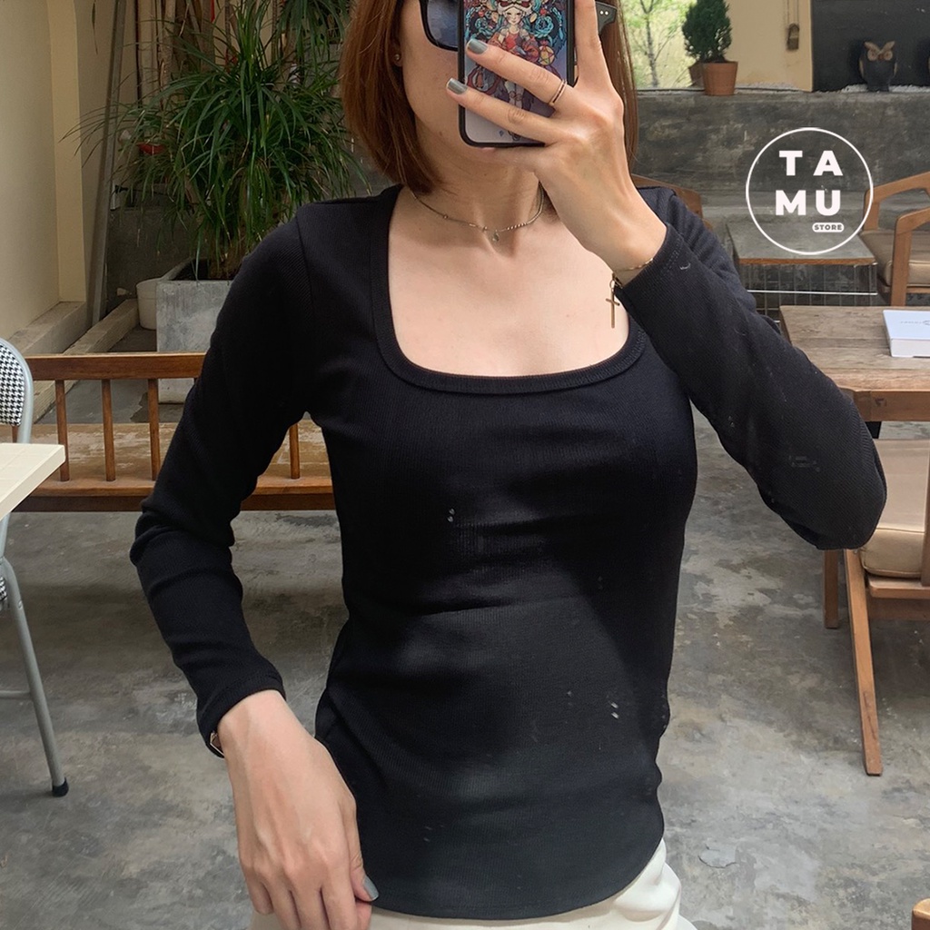 Áo tay dài cổ vuông tròn thun gân dày dặn kiểu dáng basic - AT04