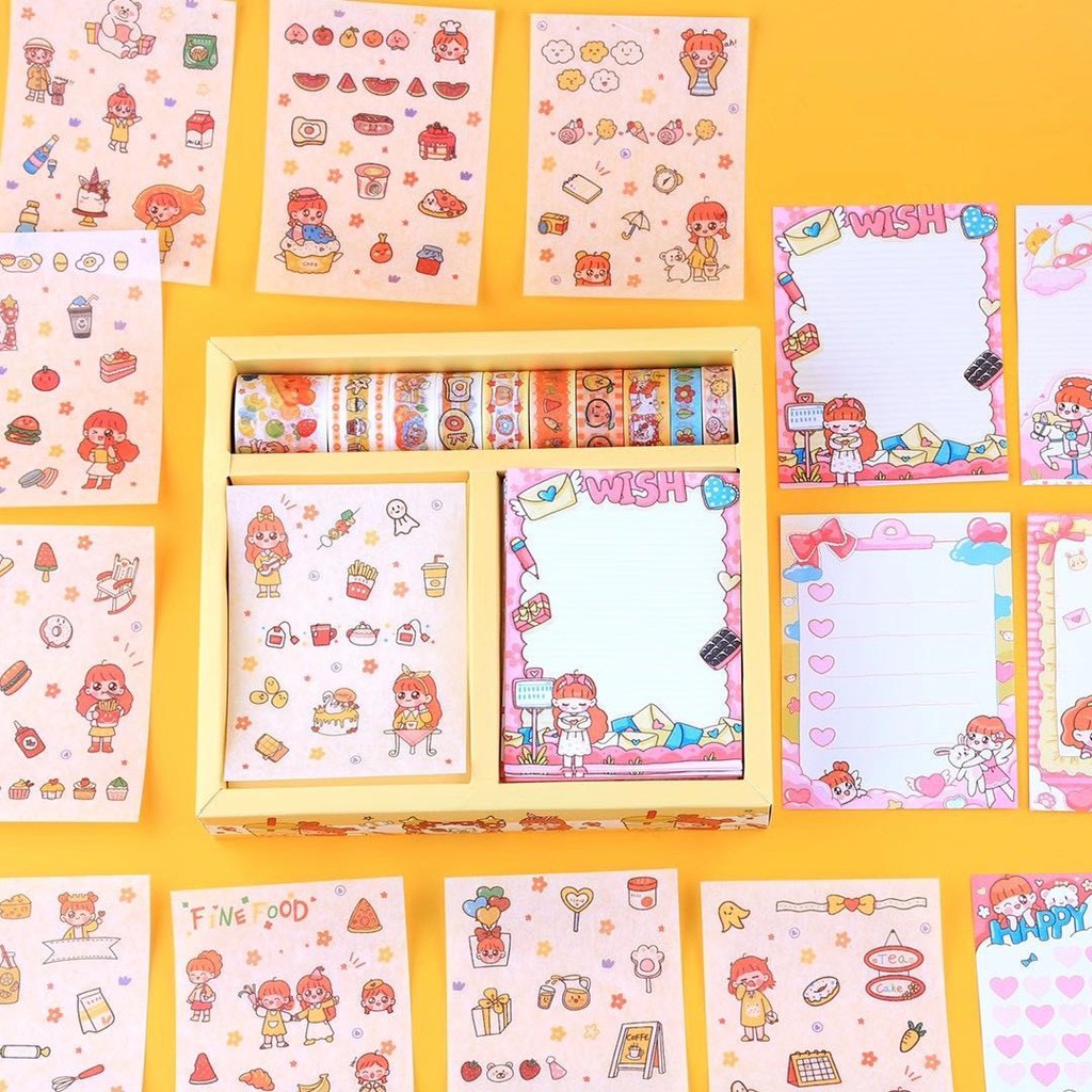 Hộp 10 cuộn washi tape sticker, giấy note ghi chú nhiều hình dễ thương