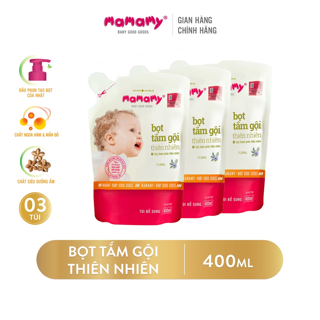 Combo 3 Túi bổ sung Bọt tắm gội thiên nhiên 400ml/túi Mamamy hương Floral, an toàn cho bé