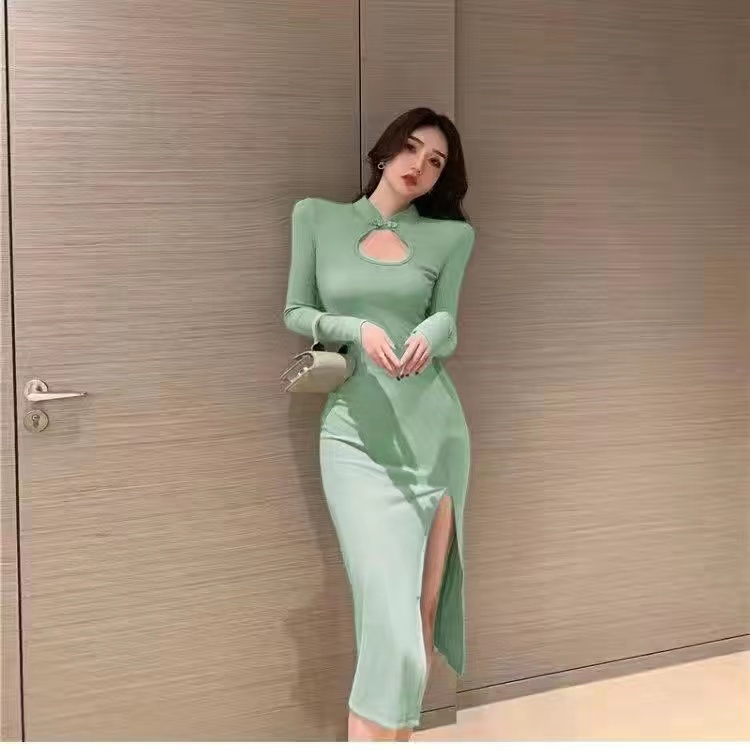 Đầm Dài Dáng Ôm Xẻ Tà Phong Cách Retro Kiểu Pháp Quyến Rũ váy body