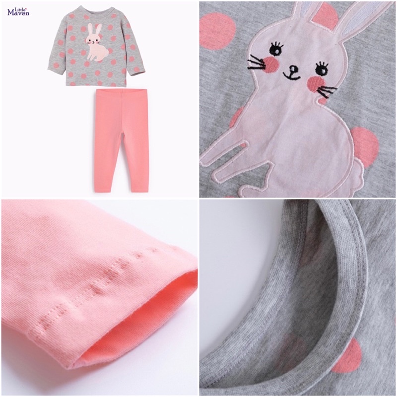 Bộ cotton dài tay bé gái Little Maven cầu vồng và thỏ sz 2-7Y