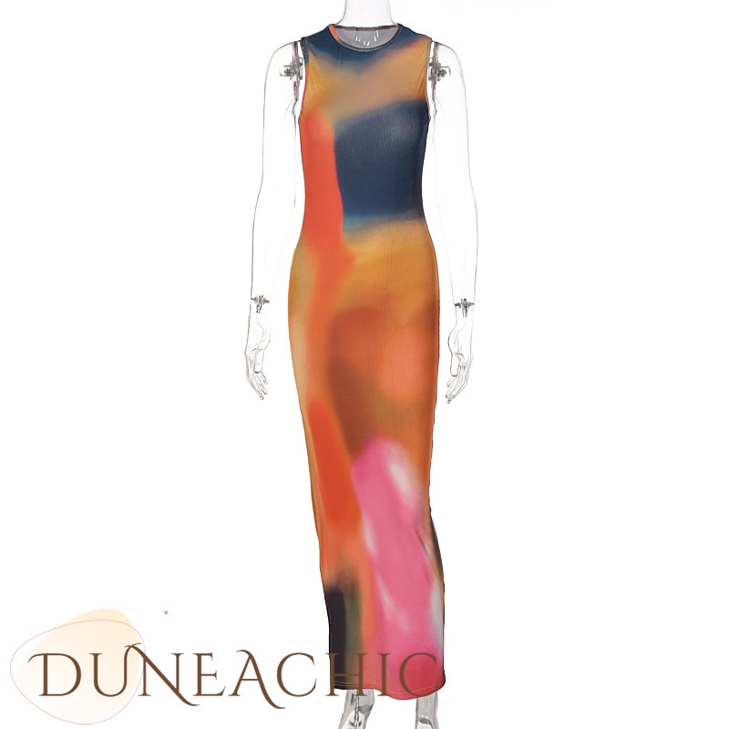 DUNEA Đầm ôm xẻ tà in họa tiết màu nhuộm quyến rũ dành cho nữ