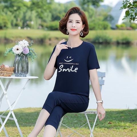 ❈Mom mùa hè phù hợp với phụ nữ trung niên áo thun ngắn tay cho người và lớn tuổi hai mảnh