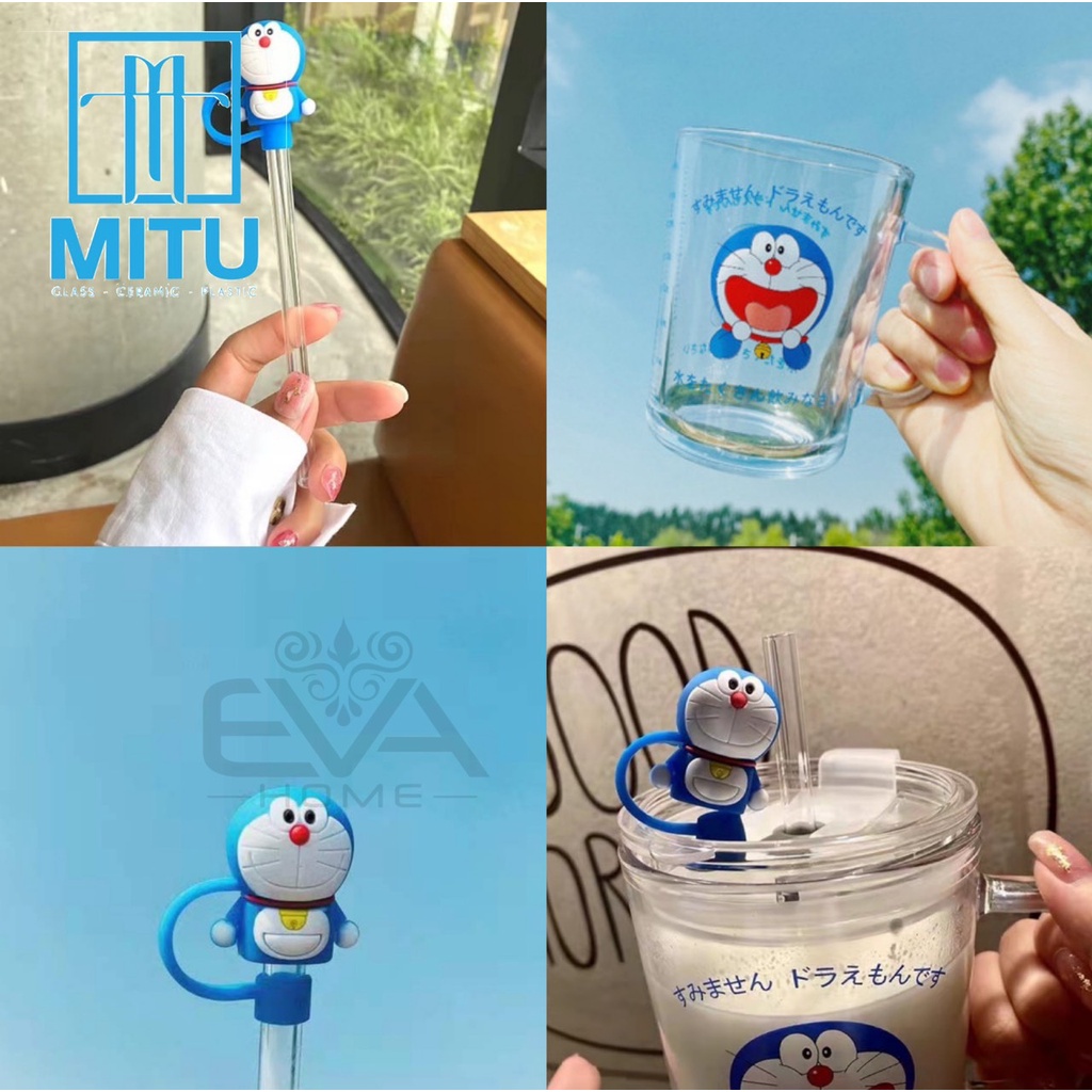 Ly Quai Thuỷ Tinh Có Vạch Chia 350 Ml Pha Sữa Hình Mèo Máy Doremon Kèm Nắp Đậy Ống Hút Silicone Cute Cao Cấp SP585