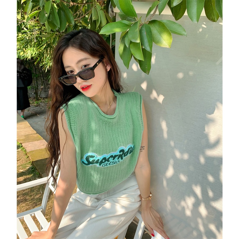 HUANG YOYO Áo Lửng Hai Dây Thêu Họa Tiết Màu Xanh Dương Phong Cách retro Thời Trang Hàn Quốc Cho Nữ