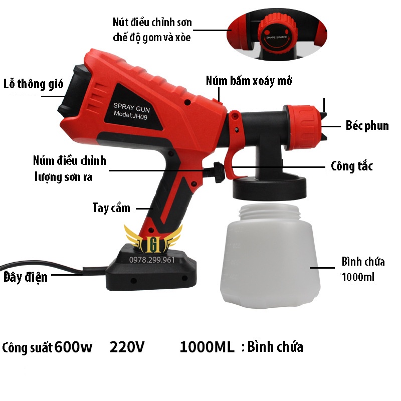 [ CHÍNH HÃNG] Súng Phun Sơn Cầm Tay SPRAY GUN - JH09 - Dùng điện 220V - Công suất 600W - Bình 1lLít - Bảo hành 12 tháng