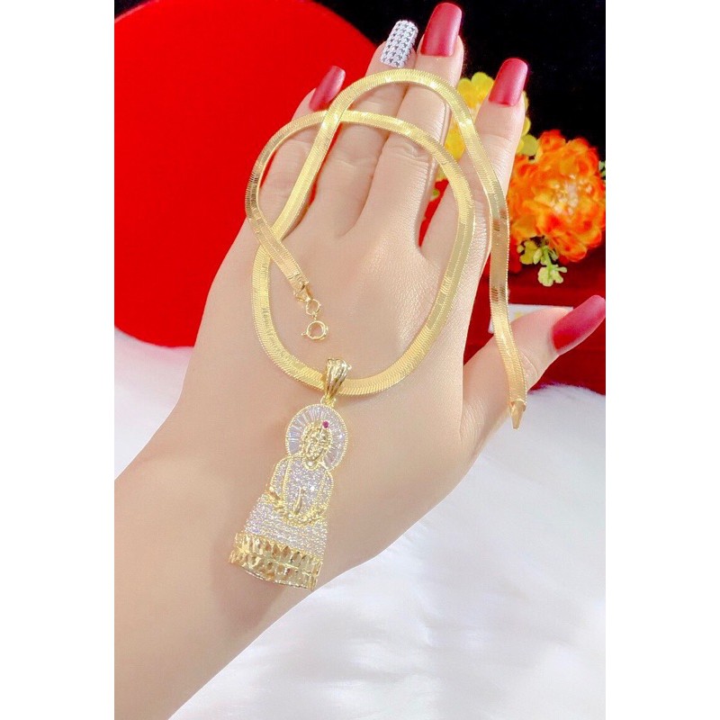 Dây chuyền mì cỡ nhỏ và mặt dây hình phật quan âm mạ vàng 18