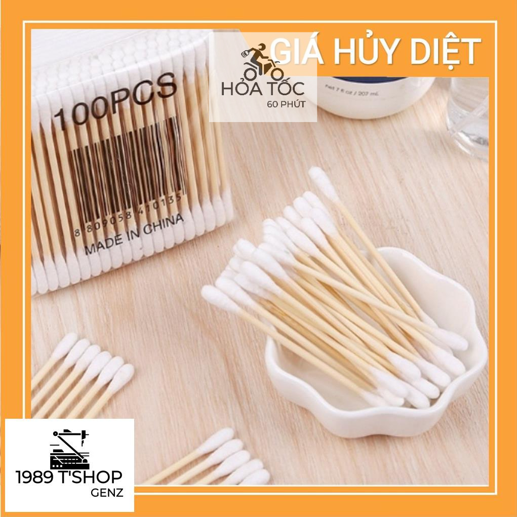 Tăm Bông Thân Gỗ, Tăm Bông Ráy Tai Thân Thiện Với Môi Trường Bịch 100 Que