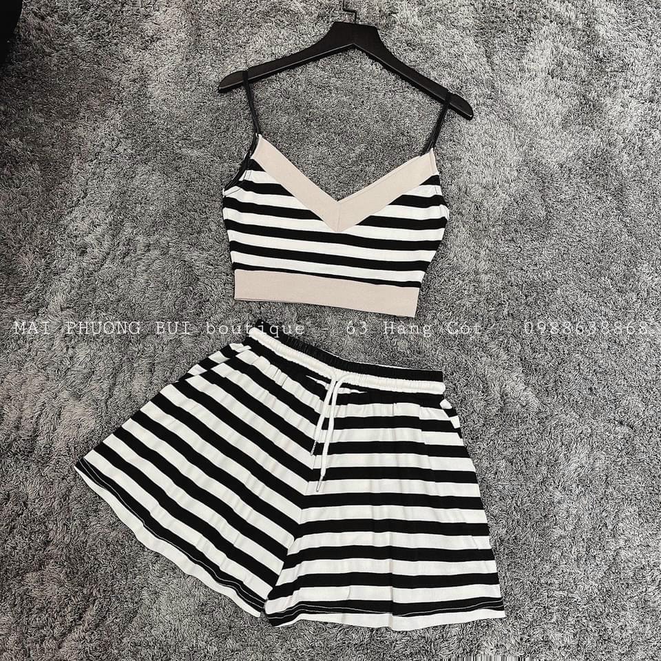 Set Áo Hai Dây Họa Tiết Kẻ Sọc Và Quần Ngắn Ống Rộng Thời Trang Dành Cho Nữ | BigBuy360 - bigbuy360.vn