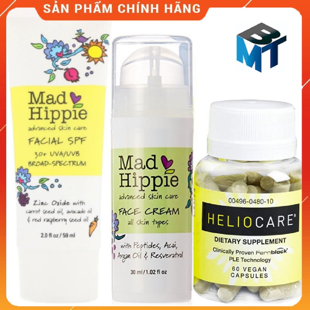 Combo chống nắng & dưỡng da MAD HIPPIE Sunscreen SPF 30+ UVA, UVB Broad-spectrum Heliocare nội sinh toàn thân 60v 30mL
