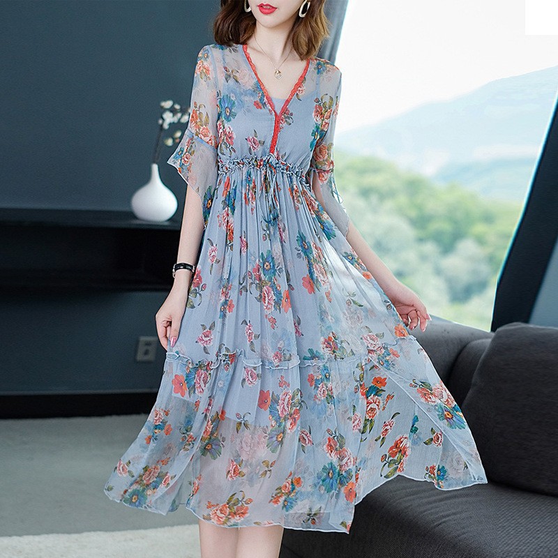 D73060 Đầm xòe nữ hè chiffon họa tiết kèm áo 2 dây mặc trong hàng nhập