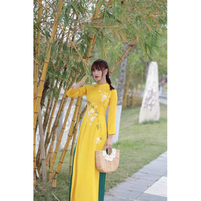 ÁO DÀI VÀNG THÊU TƯƠI SÁNG DA🍀MIỄN SHIP🍀KÈM ẢNH THẬT PHÍA SAU