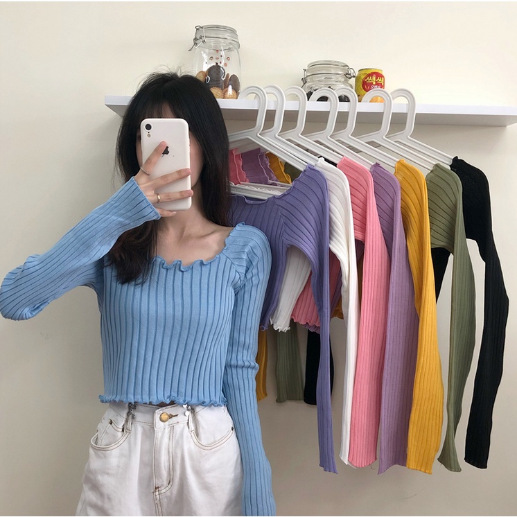 Áo Croptop Sweater Dài Tay Với Thiết Kế Hở Eo Xinh Xắn Dành Cho Nữ 9308