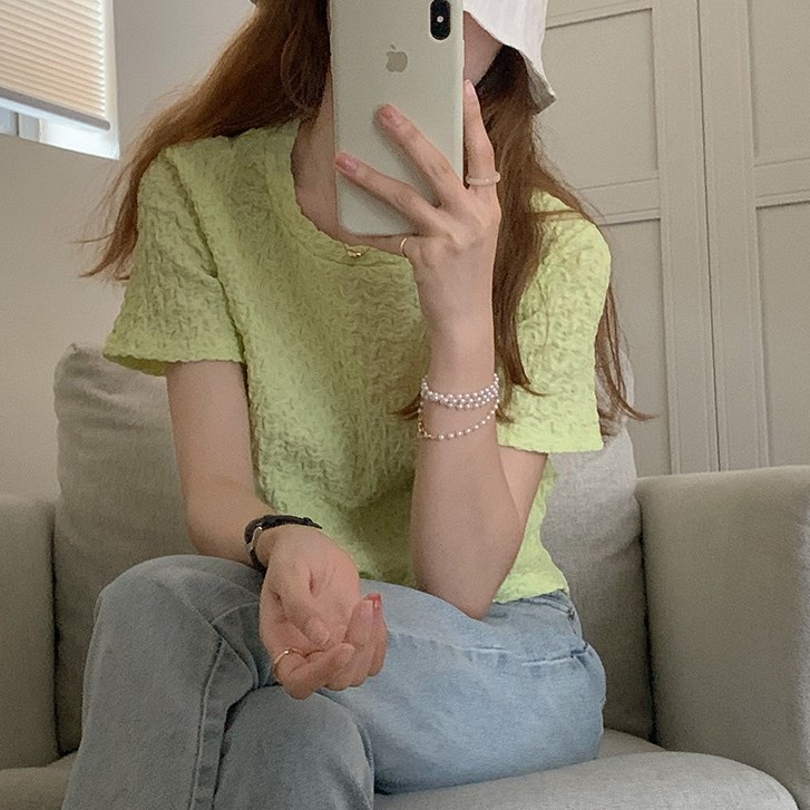 QADCOL Áo thun ngắn tay màu trơn thời trang Hàn Quốc cho nữ