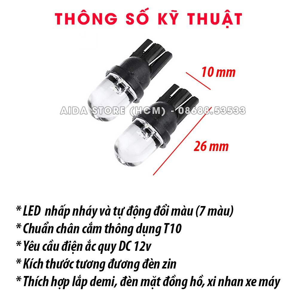 Bóng đèn LED T10 nhấp nháy 7 màu cho demi, xi nhan, mặt đồng hồ xe máy