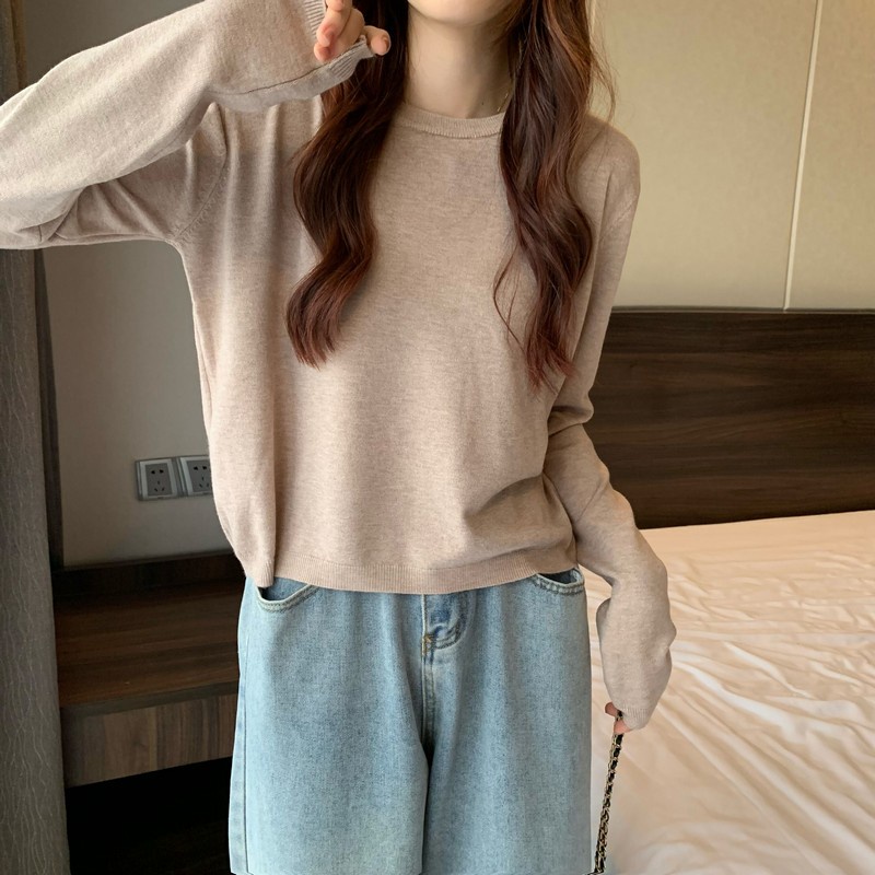Áo sweater dệt kim tay dài cổ tròn thời trang cho nữ 46735