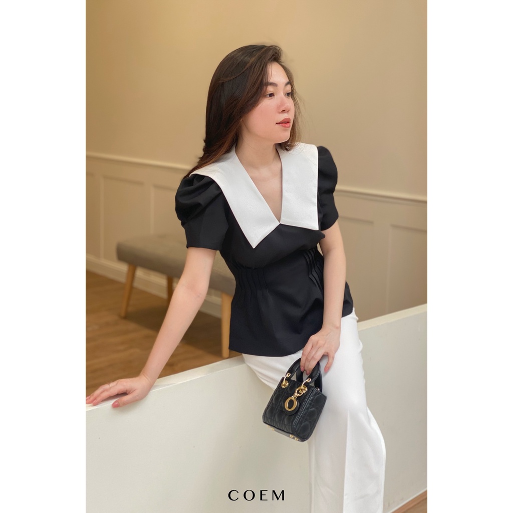Áo Sơ Mi Nữ Kiểu Hàn Quốc Tay Phồng Xếp Ly Eo Chất Liệu Cotton Premium CO EM Thiết Kế Cổ Bẻ Chữ V Trẻ Trung - AN ĐEN