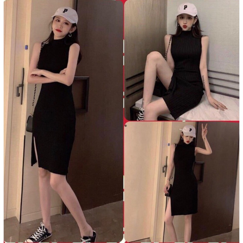 Đầm sát nách cổ tròn xẻ tà ôm body