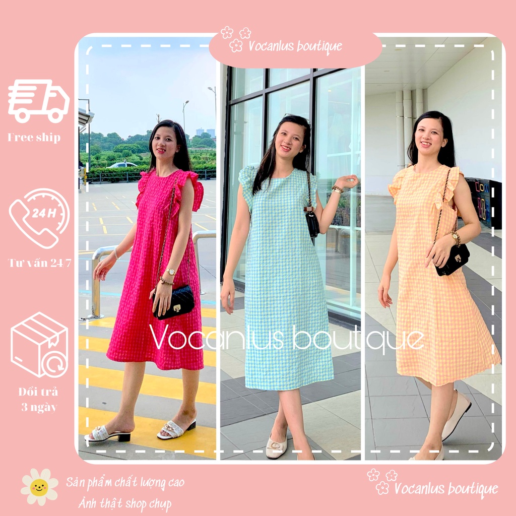 Váy kẻ caro dáng dài cánh tiên, đầm hồng kẻ sọc caro, 4 màu siêu xinh Vocanlus Boutique