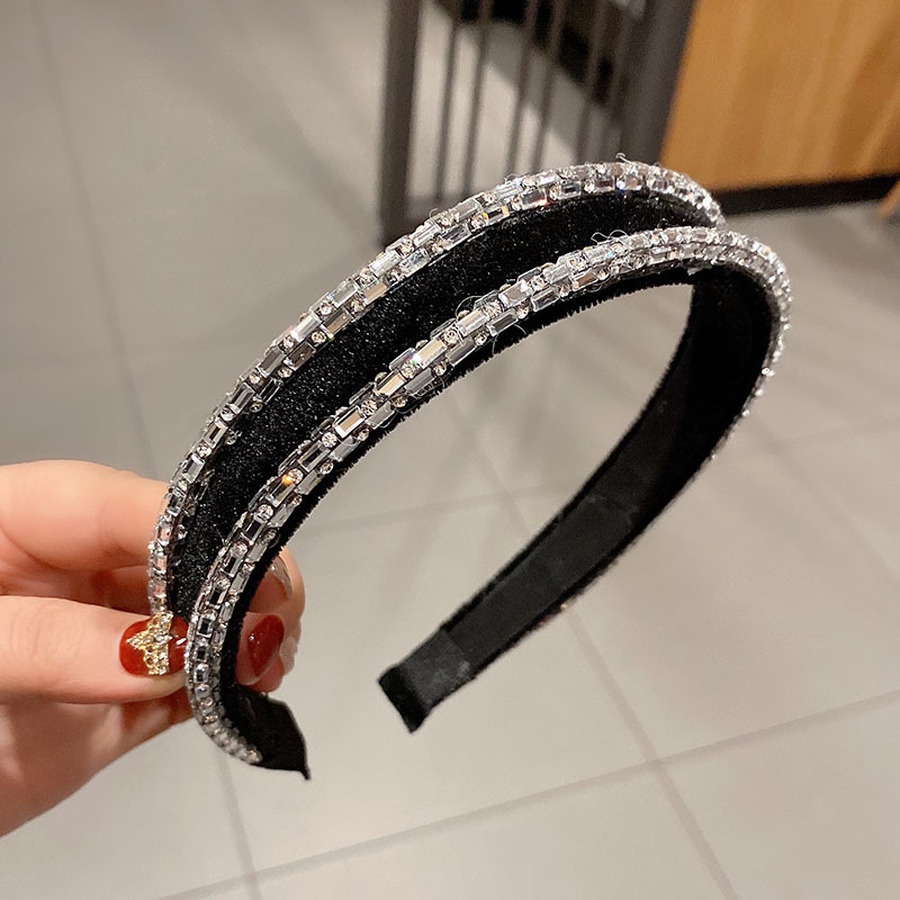 Băng đô cài tóc bản rộng vải nhung màu đen đính đá pha lê nhân tạo phong cách Hàn Quốc thời trang