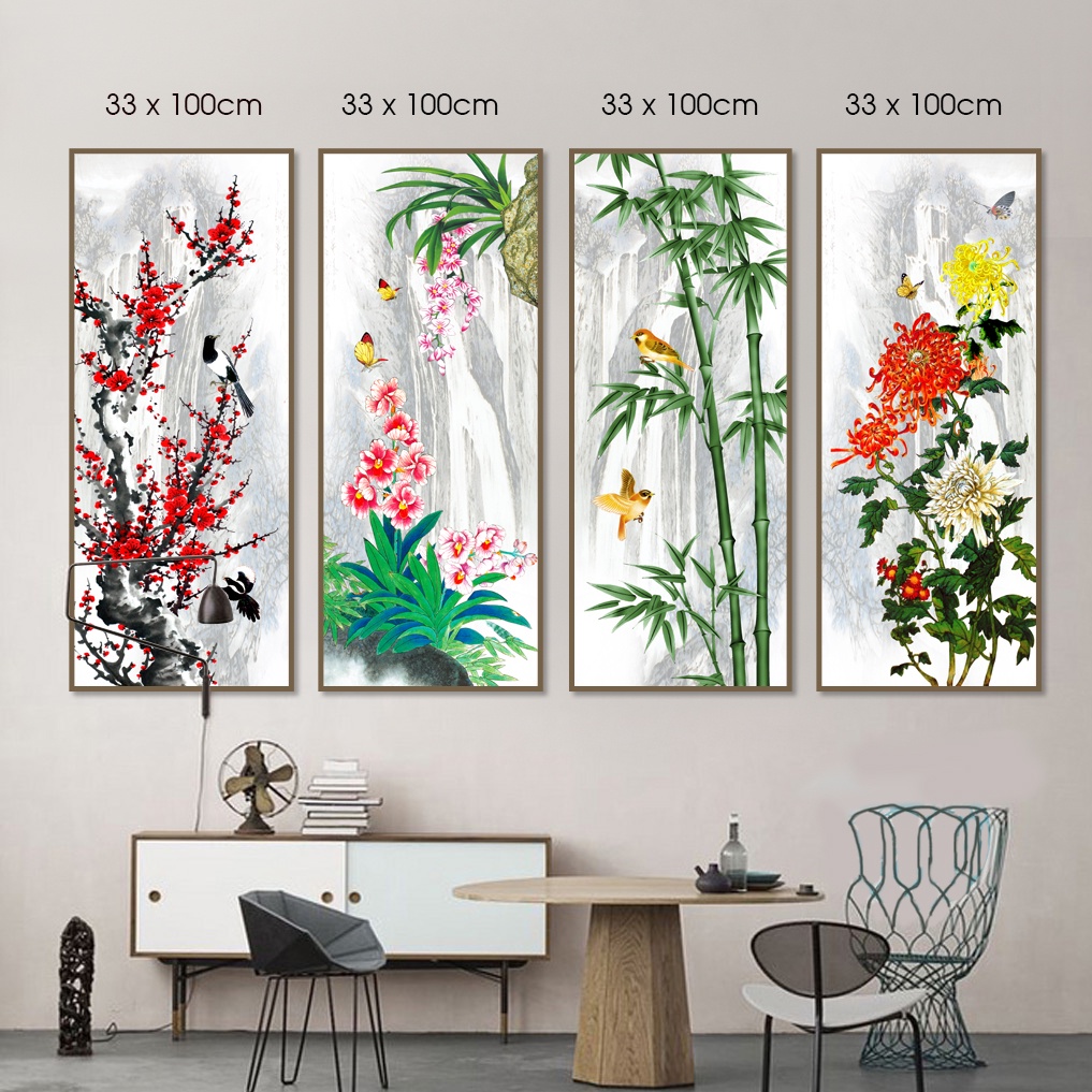 Tranh tứ quý treo tường, chất liệu vải Canvas nhập khẩu cao cấp , có khung nổi