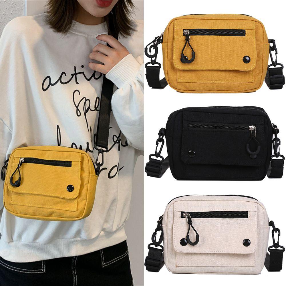 Túi Canvas Đeo Vai Đựng Điện Thoại Màu Trơn Phối Khóa Kéo Thời Trang Cho Nam Và Nữ