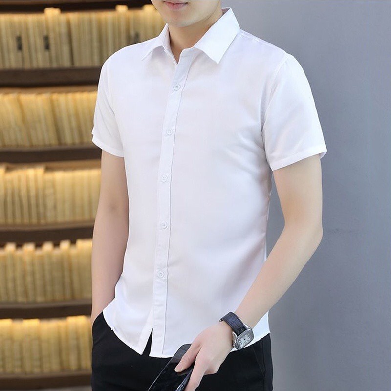 Sơ mi ngắn tay chất mát mịn cao cấp chống nhăn màu trắng