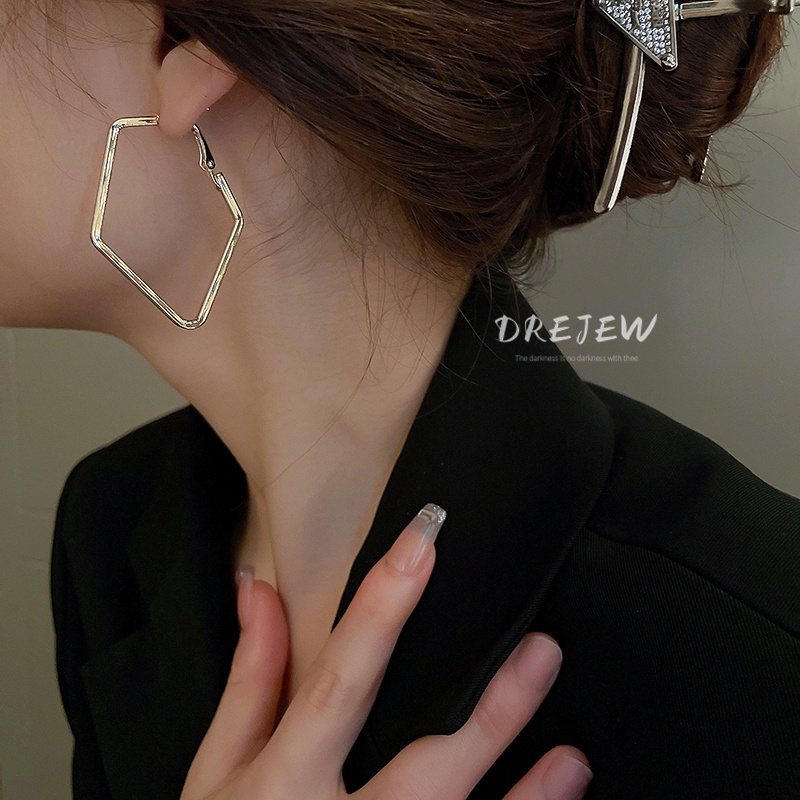 DREJEW Khuyên tai kim loại màu bạc thiết kế hình học rỗng phong cách cá tính thời trang sáng tạo