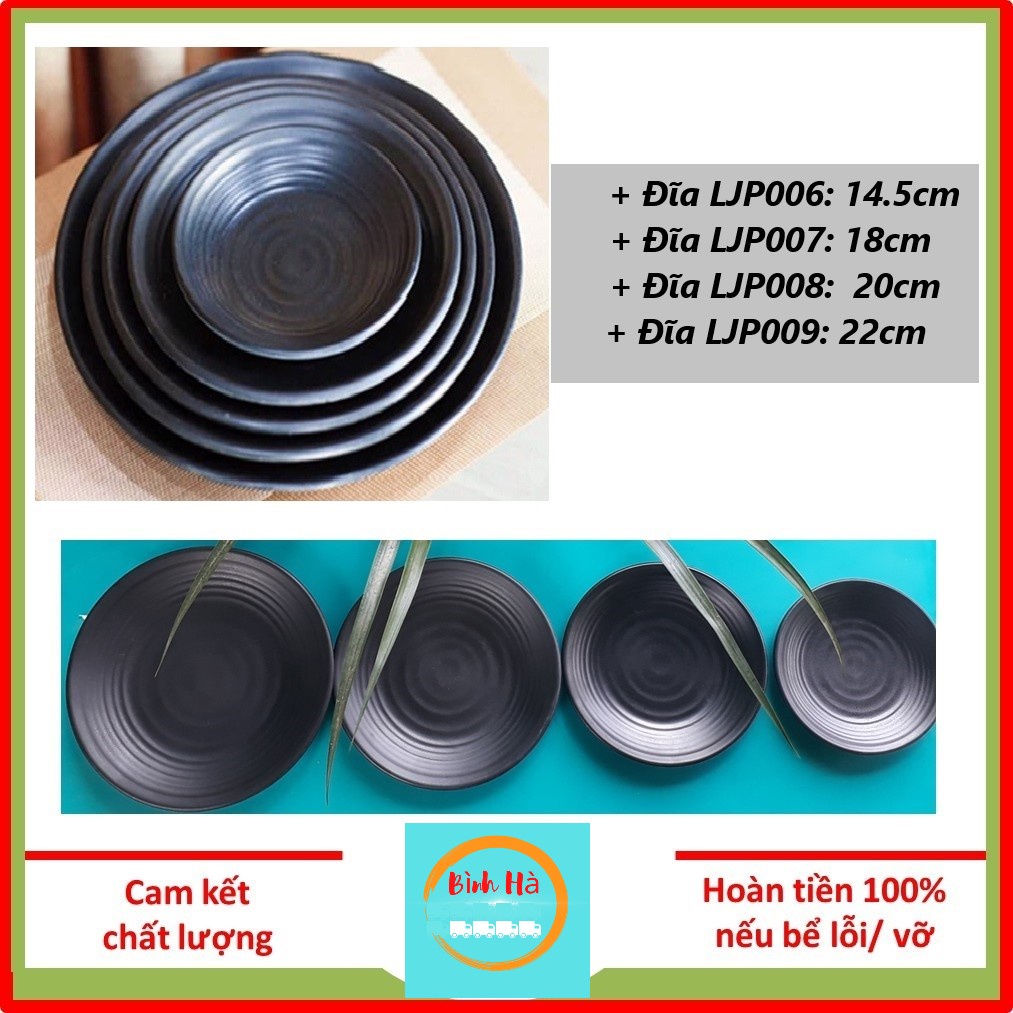 [100% Melamine] Đĩa Nhựa Phíp Tròn, Melamine Dáng Tròn Màu Đen Sang Trọng