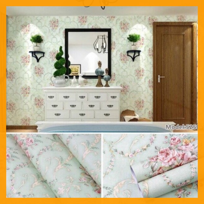 10M GIẤY DÁN TƯỜNG SẴN KEO HOA TRÀ XANH  5250-1.trang trí phòng ngủ, decor phòng khách.