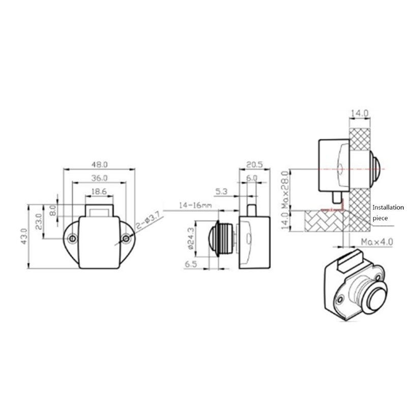 Nút Nhấn Khóa Cửa Tủ Chén / Tủ Chạn Hình Vuông 20mm Không Chìa Khóa