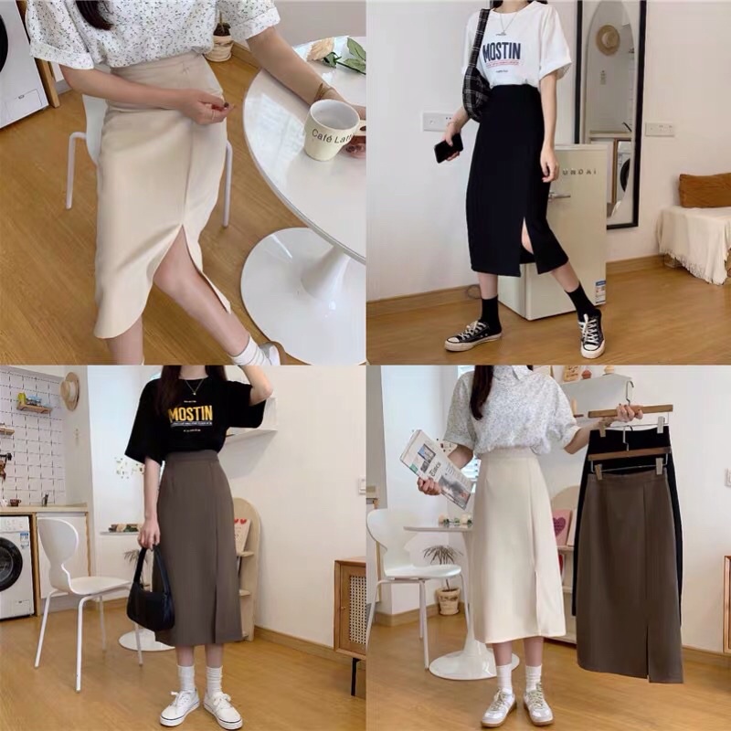 Chân váy bút chì xẻ tà dáng dài lưng cao phong cách hàn quốc