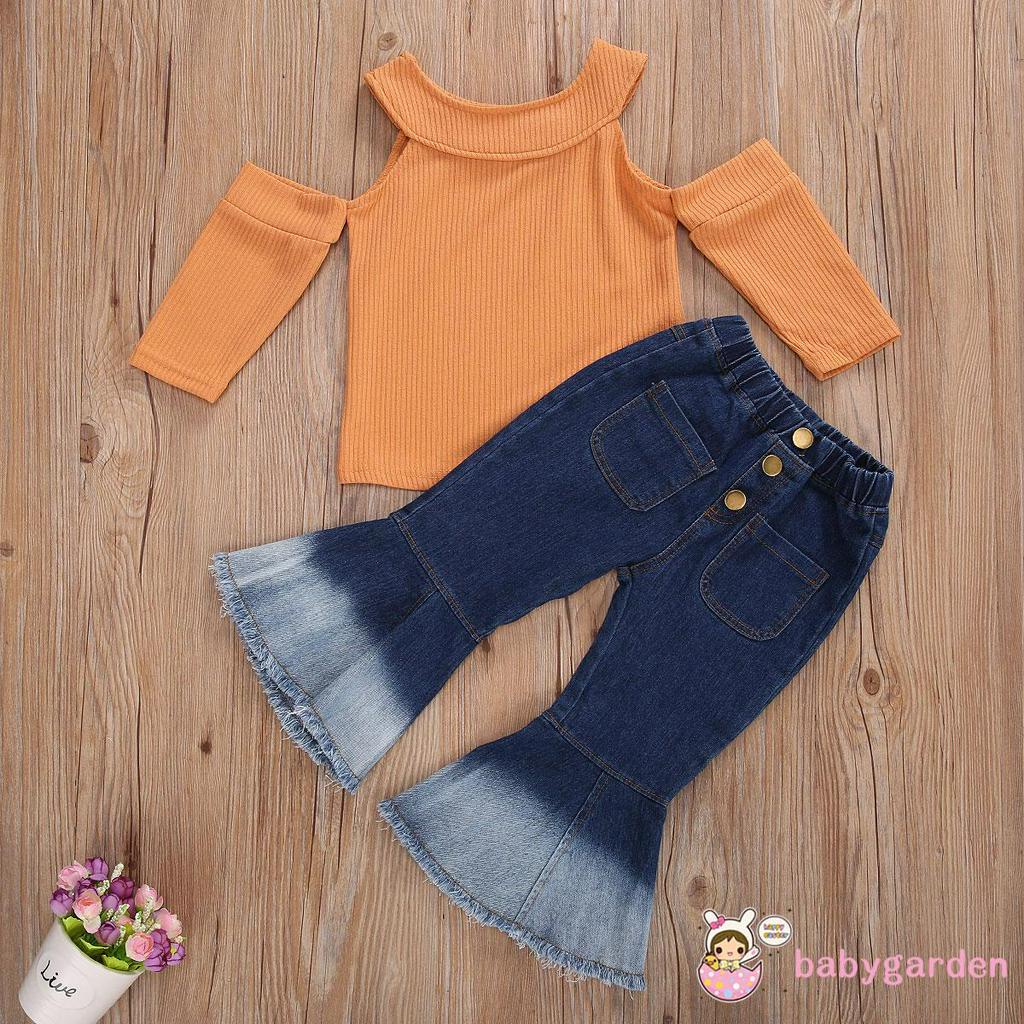 Set Áo Trễ Vai Và Quần Jeans Ống Loe Thời Trang Cho Bé Gái