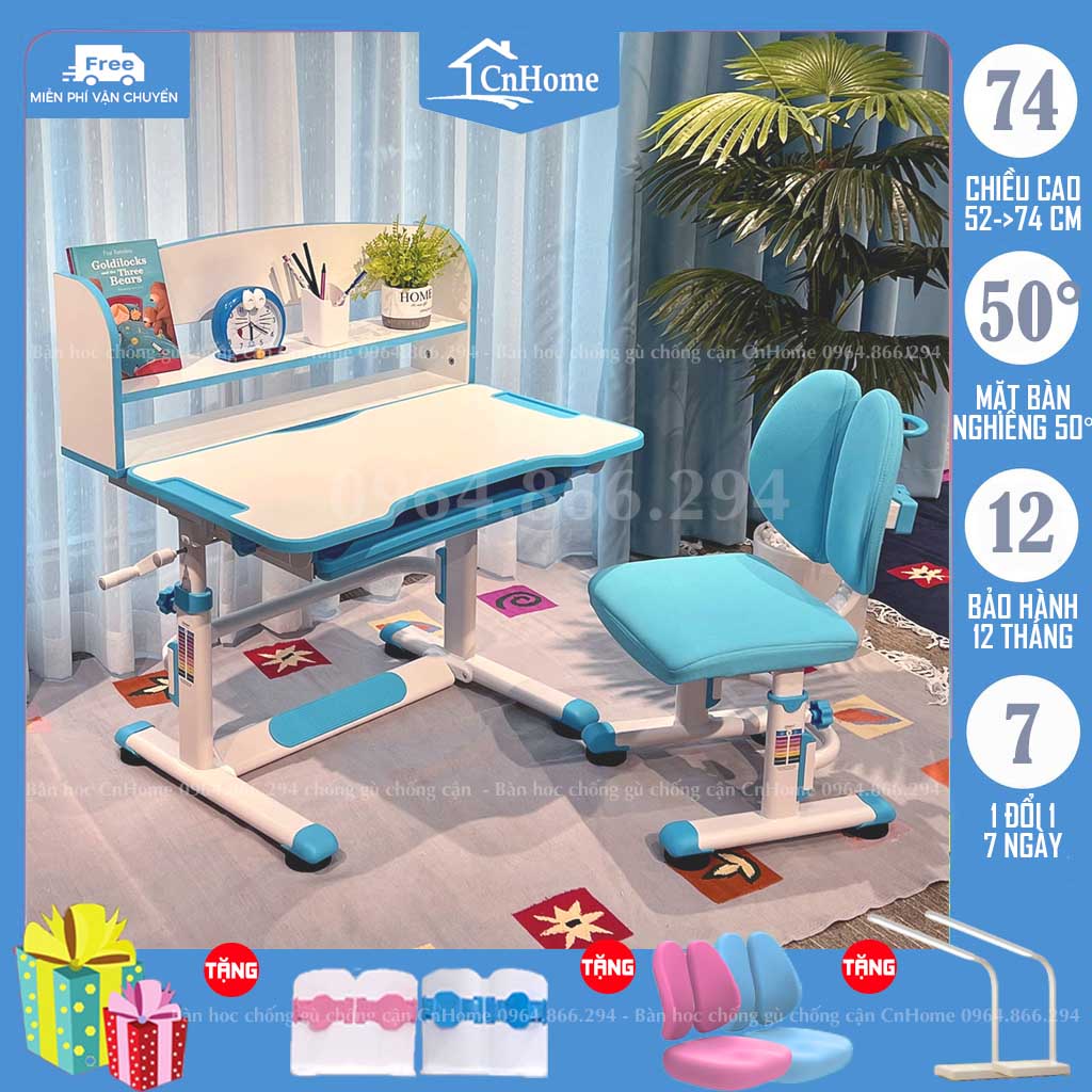 Bàn học cho bé chống gù chống cận thông minh CnHome A8 kèm kệ sách, điều chỉnh chiều cao phù hợp cho học sinh tiểu học